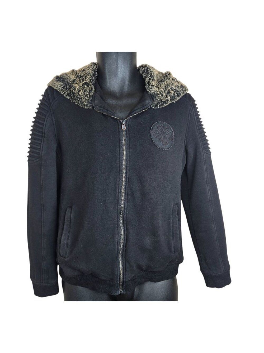 Y2K Affliction Mens M Black Faux Fur-Lined Hooded Jacket Embroidered